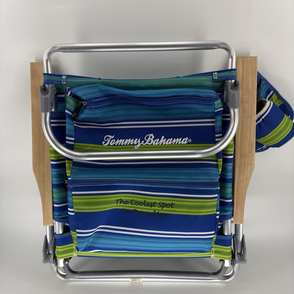 Tommy Bahama Deluxe Backpack Beach Chair Reclining Wood Arms Cooler Stripe